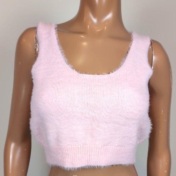 Pieces Pink Fuzzy Knit Crop Top Sleeveless Tank Faux Fur Barbie ASOS Size XL - Picture 2 of 9